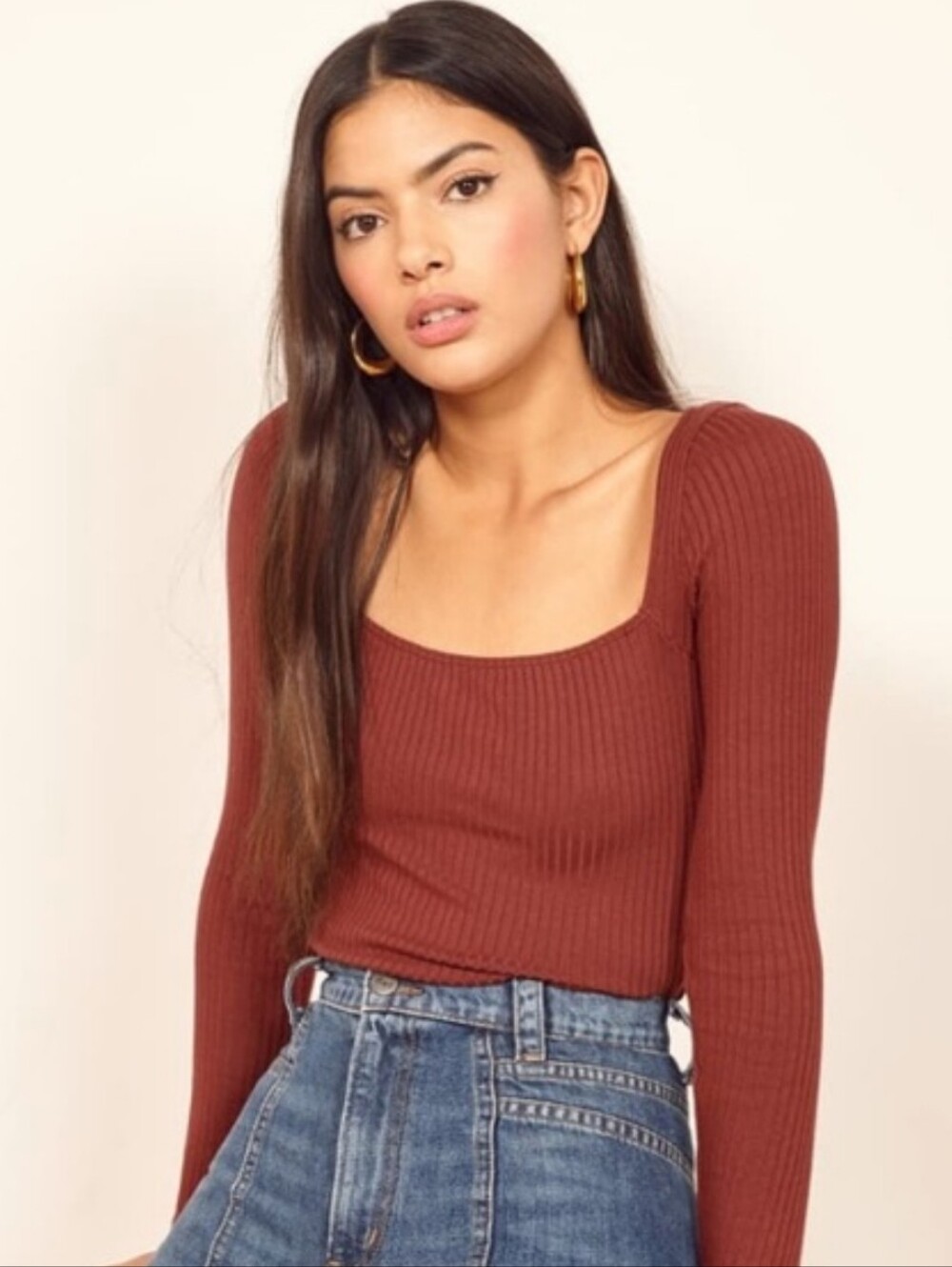 Reformation Bethany Top  Long-Sleeve Ribbed Tencel Rust Square Neck
